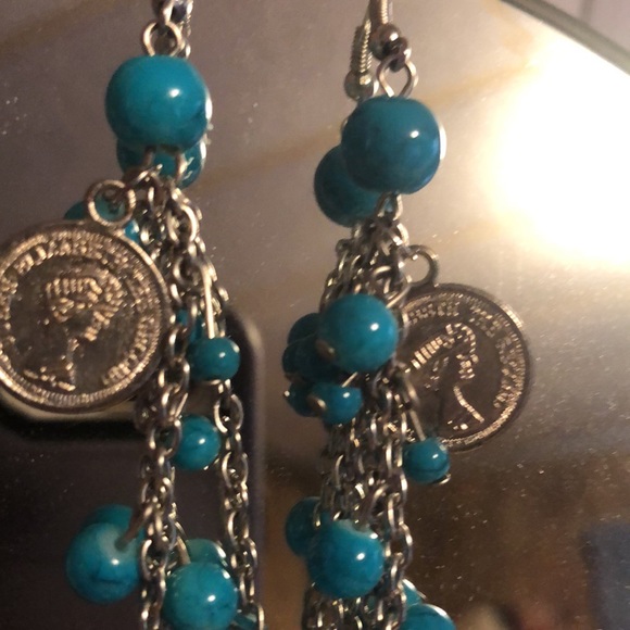 Pretty Faux Turquoise Coin Dangle Earrings - Picture 4 of 9